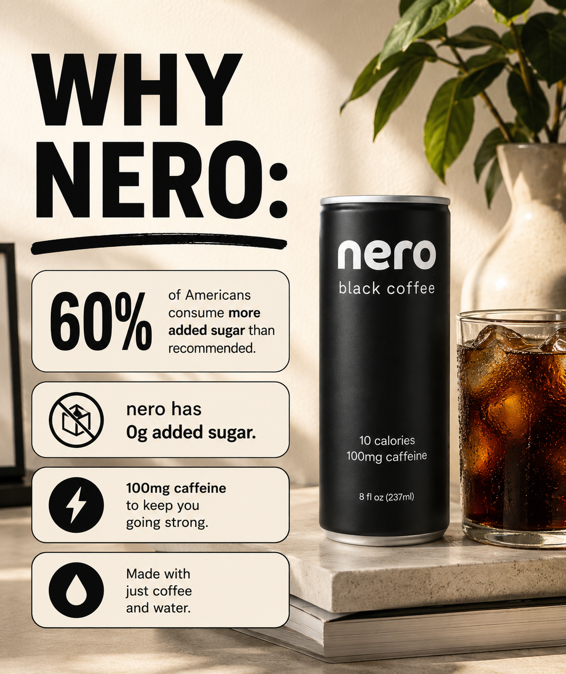 Nero Black Coffee – Ready-to-Drink Premium Unsweetened Iced Coffee, 100mg Caffeine, 8 fl oz Black Coffee Can
