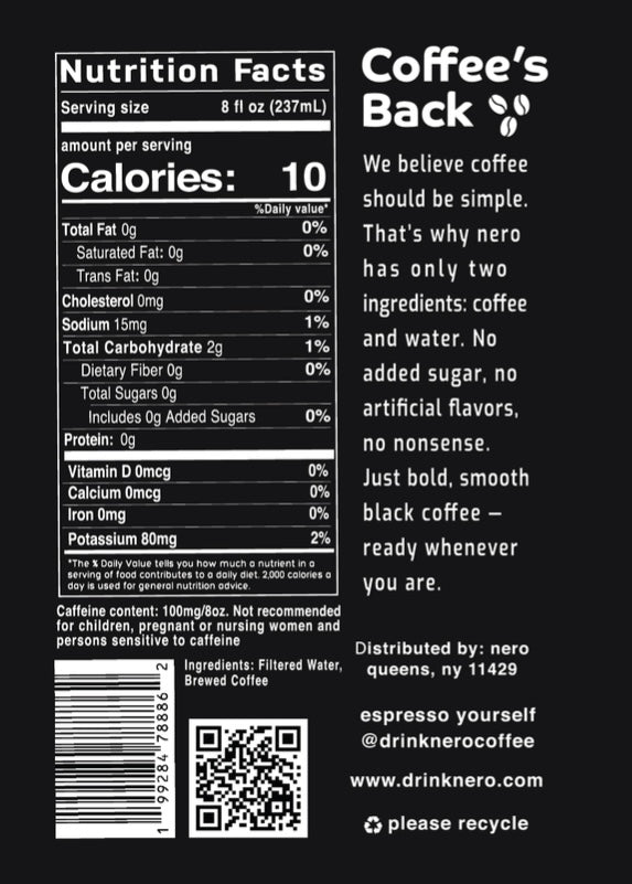 Nero Black Coffee – Ready-to-Drink Premium Unsweetened Iced Coffee, 100mg Caffeine, 8 fl oz Black Coffee Can